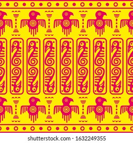 Aztec geometric background with fantastic birds. Ethnic seamless pattern. Stylish Navajo design. Modern abstract wallpaper. Vector illustration