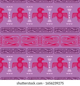 Aztec geometric background with fantastic birds. Ethnic seamless pattern. Stylish Navajo design. Modern abstract wallpaper. Vector illustration