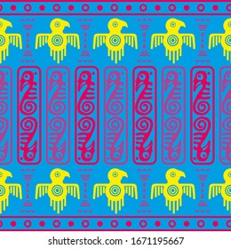 Aztec geometric background with fantastic birds. Ethnic seamless pattern. Stylish Navajo design. Modern abstract wallpaper. Vector illustration
