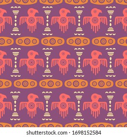 Aztec geometric background with fantastic birds. Ethnic seamless pattern. Stylish Navajo design. Modern abstract wallpaper. Vector illustration