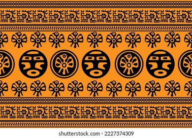Aztec geometric background with fantastic human figures, head-masks, birds. Ethnic seamless pattern. Stylish Navajo design. Modern abstract wallpaper. Vector illustration