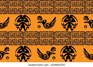 Aztec geometric background with fantastic human figures, head-masks, birds. Ethnic seamless pattern. Stylish Navajo design. Modern abstract wallpaper. Vector illustration