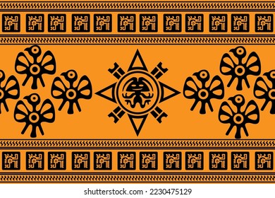 Aztec geometric background with fantastic human figures, head-masks, birds. Ethnic seamless pattern. Stylish Navajo design. Modern abstract wallpaper. Vector illustration
