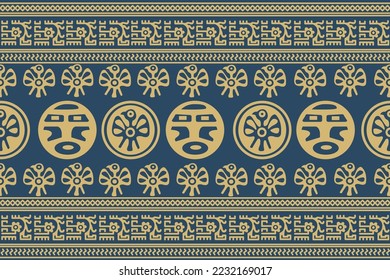 Aztec geometric background with fantastic human figures, head-masks, birds. Ethnic seamless pattern. Stylish Navajo design. Modern abstract wallpaper. Vector illustration
