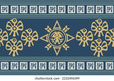 Aztec geometric background with fantastic human figures, head-masks, birds. Ethnic seamless pattern. Stylish Navajo design. Modern abstract wallpaper. Vector illustration
