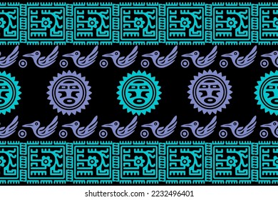 Aztec geometric background with fantastic human figures, head-masks, birds. Ethnic seamless pattern. Stylish Navajo design. Modern abstract wallpaper. Vector illustration
