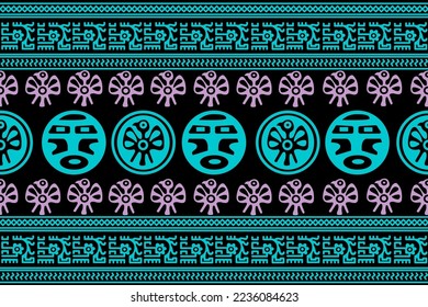 Aztec geometric background with fantastic human figures, head-masks, birds. Ethnic seamless pattern. Stylish Navajo design. Modern abstract wallpaper. Vector illustration