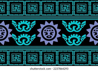 Aztec geometric background with fantastic human figures, head-masks, birds. Ethnic seamless pattern. Stylish Navajo design. Modern abstract wallpaper. Vector illustration
