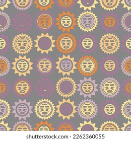 Aztec geometric background with fantastic human figures, head-masks, birds. Ethnic seamless pattern. Stylish Navajo design. Modern abstract wallpaper. Vector illustration
