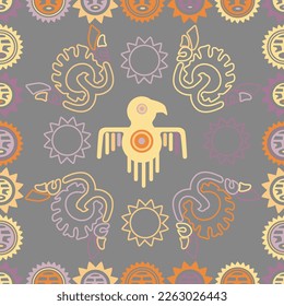 Aztec geometric background with fantastic human figures, head-masks, birds. Ethnic seamless pattern. Stylish Navajo design. Modern abstract wallpaper. Vector illustration
