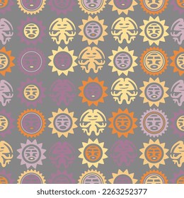 Aztec geometric background with fantastic human figures, head-masks, birds. Ethnic seamless pattern. Stylish Navajo design. Modern abstract wallpaper. Vector illustration
