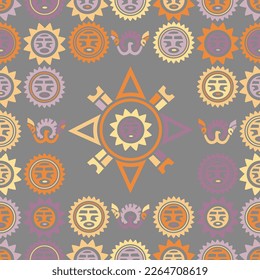 Aztec geometric background with fantastic human figures, head-masks, birds. Ethnic seamless pattern. Stylish Navajo design. Modern abstract wallpaper. Vector illustration
