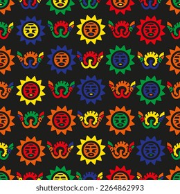 Aztec geometric background with fantastic human figures, head-masks, birds. Ethnic seamless pattern. Stylish Navajo design. Modern abstract wallpaper. Vector illustration
