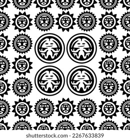Aztec geometric background with fantastic human figures, head-masks, birds. Ethnic seamless pattern. Stylish Navajo design. Modern abstract wallpaper.