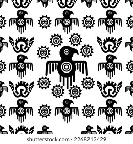 Aztec geometric background with fantastic human figures, head-masks, birds. Ethnic seamless pattern. Stylish Navajo design. Modern abstract wallpaper.