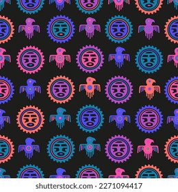 Fondo geométrico azteca con fantásticas figuras humanas, máscaras de cabeza, pájaros. Patrón étnico sin fisuras. Diseño navajo elegante. Fondo de escritorio abstracto moderno. Ilustración del vector
