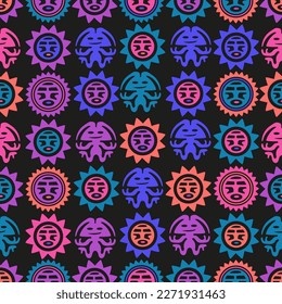 Aztec geometric background with fantastic human figures, head-masks, birds. Ethnic seamless pattern. Stylish Navajo design. Modern abstract wallpaper. Vector illustration
