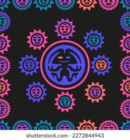 Aztec geometric background with fantastic human figures, head-masks, birds. Ethnic seamless pattern. Stylish Navajo design. Modern abstract wallpaper. Vector illustration
