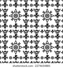 Aztec geometric background with fantastic human figures, head-masks, birds. Ethnic seamless pattern. Stylish Navajo design. Modern abstract wallpaper. Vector illustration
