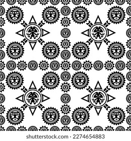 Fondo geométrico azteca con fantásticas figuras humanas, máscaras de cabeza, pájaros. Patrón étnico sin fisuras. Diseño navajo elegante. Fondo de escritorio abstracto moderno. Ilustración del vector
