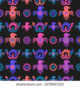 Aztec geometric background with fantastic human figures, head-masks, birds. Ethnic seamless pattern. Stylish Navajo design. Modern abstract wallpaper. Vector illustration
