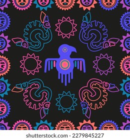 Aztec geometric background with fantastic human figures, head-masks, birds. Ethnic seamless pattern. Stylish Navajo design. Modern abstract wallpaper. Vector illustration
