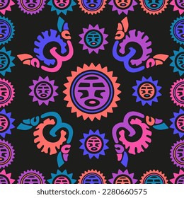 Aztec geometric background with fantastic human figures, head-masks, birds. Ethnic seamless pattern. Stylish Navajo design. Modern abstract wallpaper. Vector illustration
