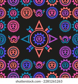 Aztec geometric background with fantastic human figures, head-masks, birds. Ethnic seamless pattern. Stylish Navajo design. Modern abstract wallpaper. Vector illustration
