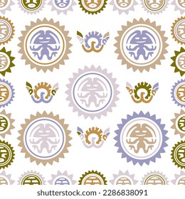 Aztec geometric background with fantastic human figures, head-masks, birds. Ethnic seamless pattern. Stylish Navajo design. Modern abstract wallpaper. Vector illustration
