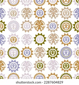 Aztec geometric background with fantastic human figures, head-masks, birds. Ethnic seamless pattern. Stylish Navajo design. Modern abstract wallpaper. Vector illustration

