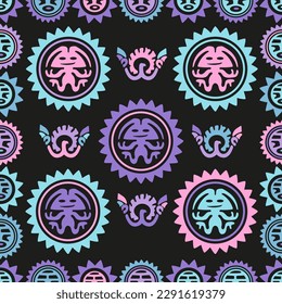 Aztec geometric background with fantastic human figures, head-masks, birds. Ethnic seamless pattern. Stylish Navajo design. Modern abstract wallpaper. Vector illustration
