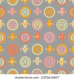 Aztec geometric background with fantastic human figures, head-masks, birds. Ethnic seamless pattern. Stylish Navajo design. Modern abstract wallpaper. Vector illustration
