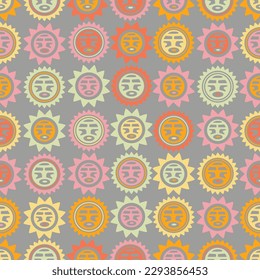 Aztec geometric background with fantastic human figures, head-masks, birds. Ethnic seamless pattern. Stylish Navajo design. Modern abstract wallpaper. Vector illustration
