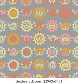 Aztec geometric background with fantastic human figures, head-masks, birds. Ethnic seamless pattern. Stylish Navajo design. Modern abstract wallpaper. Vector illustration

