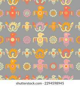 Aztec geometric background with fantastic human figures, head-masks, birds. Ethnic seamless pattern. Stylish Navajo design. Modern abstract wallpaper. Vector illustration
