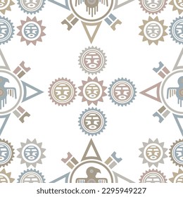 Aztec geometric background with fantastic human figures, head-masks, birds. Ethnic seamless pattern. Stylish Navajo design. Modern abstract wallpaper. Vector illustration