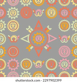 Aztec geometric background with fantastic human figures, head-masks, birds. Ethnic seamless pattern. Stylish Navajo design. Modern abstract wallpaper. Vector illustration