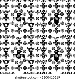 Aztec geometric background with fantastic human figures, head-masks, birds. Ethnic seamless pattern. Stylish Navajo design. Modern abstract wallpaper. Vector illustration