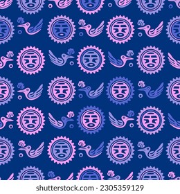 Aztec geometric background with fantastic human figures, head-masks, birds. Ethnic seamless pattern. Stylish Navajo design. Modern abstract wallpaper. Vector illustration
