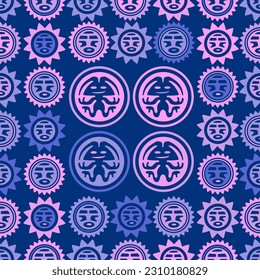 Aztec geometric background with fantastic human figures, head-masks, birds. Ethnic seamless pattern. Stylish Navajo design. Modern abstract wallpaper. Vector illustration
