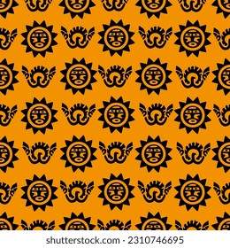 Aztec geometric background with fantastic human figures, head-masks, birds. Ethnic seamless pattern. Stylish Navajo design. Modern abstract wallpaper.