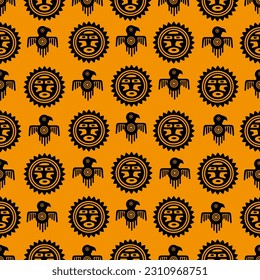 Aztec geometric background with fantastic human figures, head-masks, birds. Ethnic seamless pattern. Stylish Navajo design. Modern abstract wallpaper.