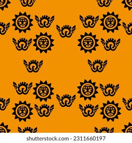 Aztec geometric background with fantastic human figures, head-masks, birds. Ethnic seamless pattern. Stylish Navajo design. Modern abstract wallpaper. 