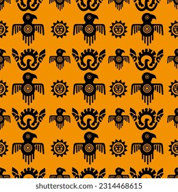 Aztec geometric background with fantastic human figures, head-masks, birds. Ethnic seamless pattern. Stylish Navajo design. Modern abstract wallpaper. Vector illustration
