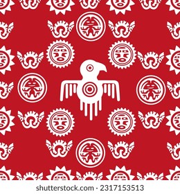 Aztec geometric background with fantastic human figures, head-masks, birds. Ethnic seamless pattern. Stylish Navajo design. Modern abstract wallpaper. Vector illustration

