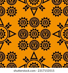 Aztec geometric background with fantastic human figures, head-masks, birds. Ethnic seamless pattern. Stylish Navajo design. Modern abstract wallpaper. Vector illustration
