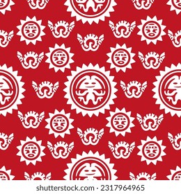Aztec geometric background with fantastic human figures, head-masks, birds. Ethnic seamless pattern. Stylish Navajo design. Modern abstract wallpaper. Vector illustration
