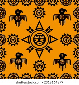 Aztec geometric background with fantastic human figures, head-masks, birds. Ethnic seamless pattern. Stylish Navajo design. Modern abstract wallpaper. Vector illustration
