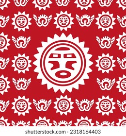 Aztec geometric background with fantastic human figures, head-masks, birds. Ethnic seamless pattern. Stylish Navajo design. Modern abstract wallpaper. Vector illustration

