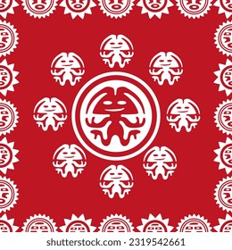 Aztec geometric background with fantastic human figures, head-masks, birds. Ethnic seamless pattern. Stylish Navajo design. Modern abstract wallpaper. Vector illustration
